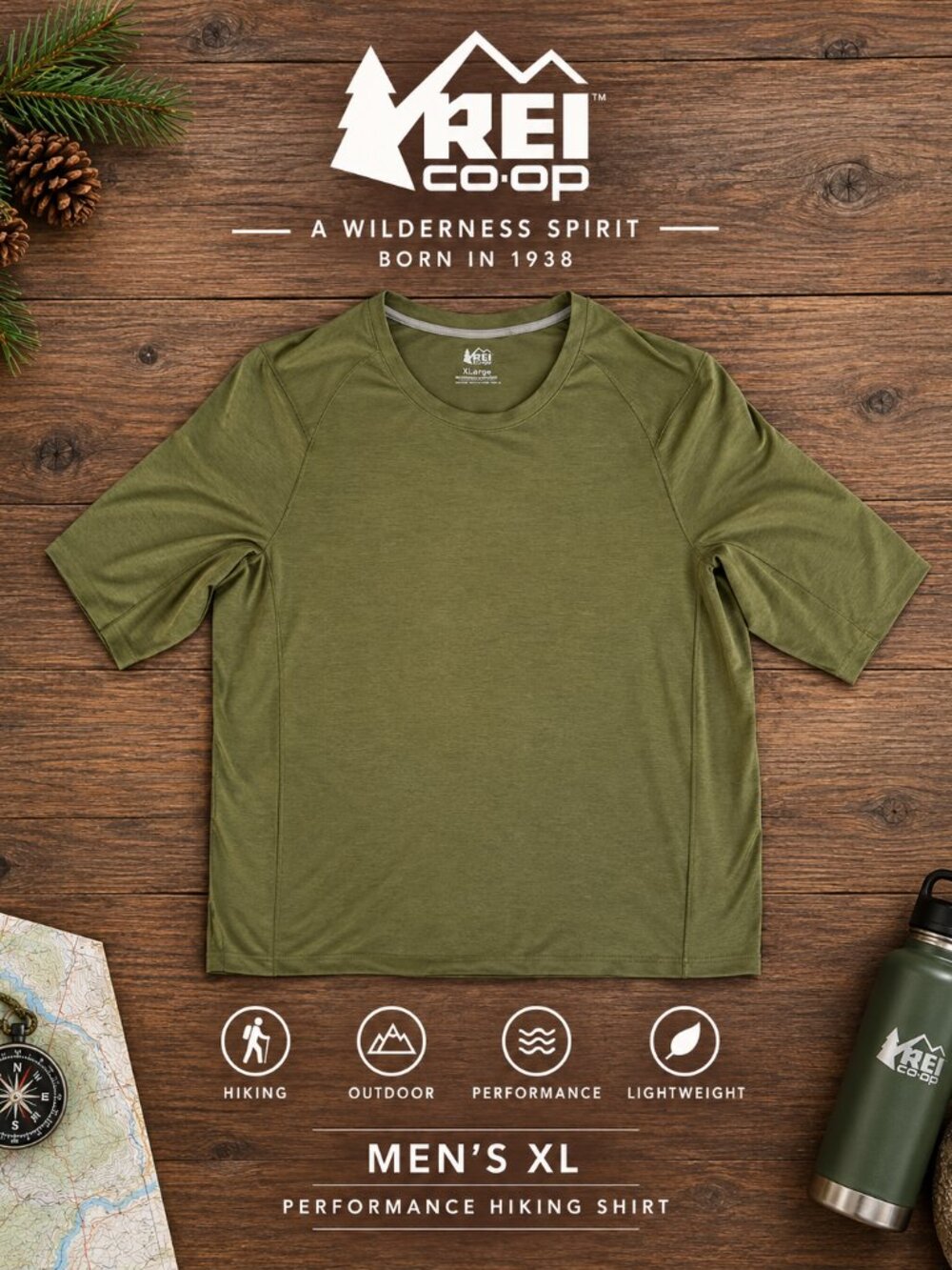 REI Co-op Men’s Performance Hiking Tee XL Olive Green Short Sleeve - NEVER WORN!
